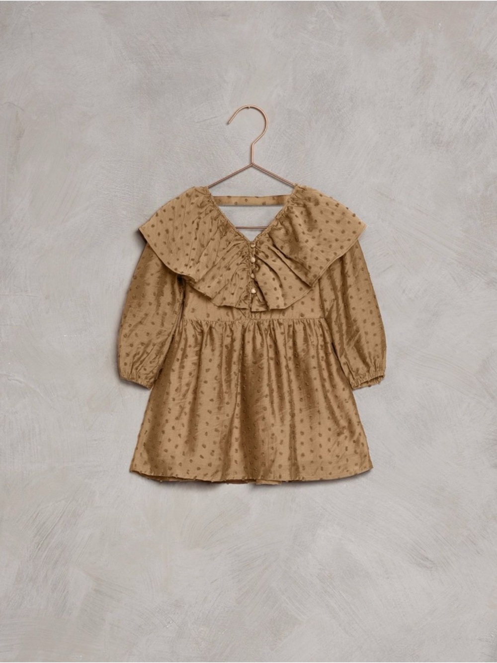 Girls' Tan Long-Sleeve Ruffle Collar Dress